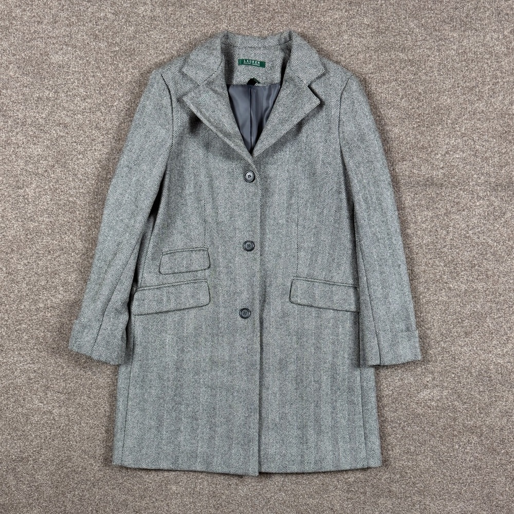 Ralph Lauren Grey Wool Herringbone Mid-Length Overcoat Womens 14 Reefer Pea Coat